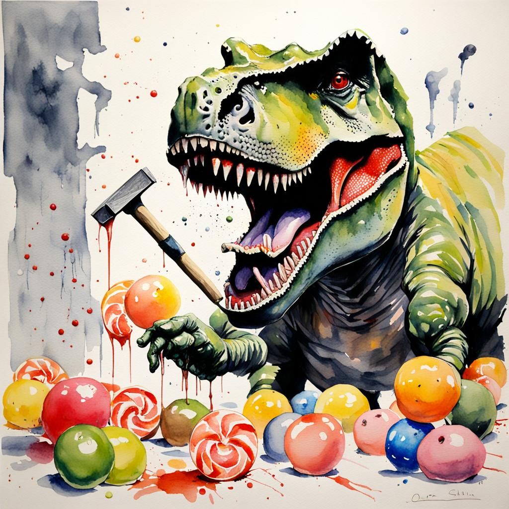 Dinosaur Hammering for Lollies in Watercolour Style