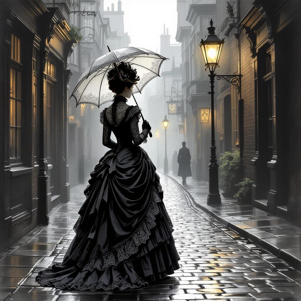 Victorian Woman on Gaslit Street with Parasol