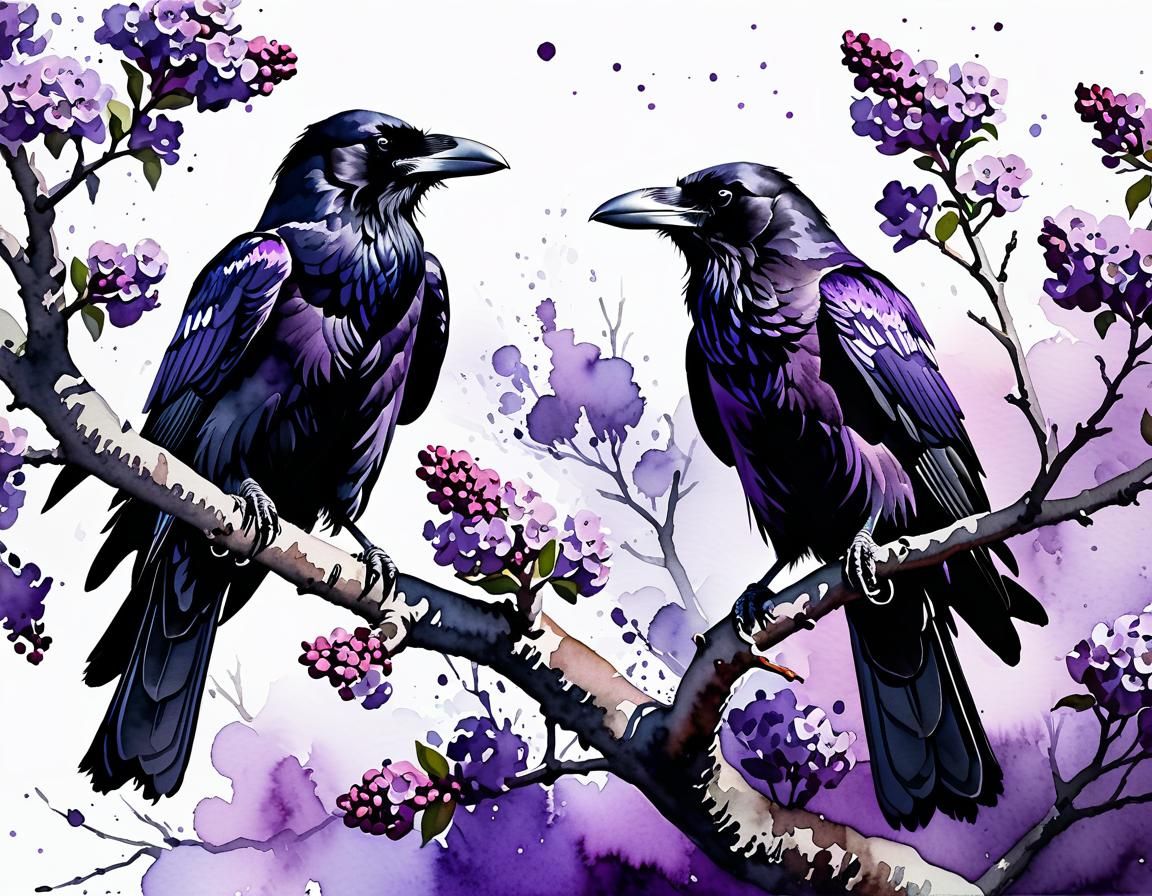Ravens in Lilac Tree: Watercolor and Ink