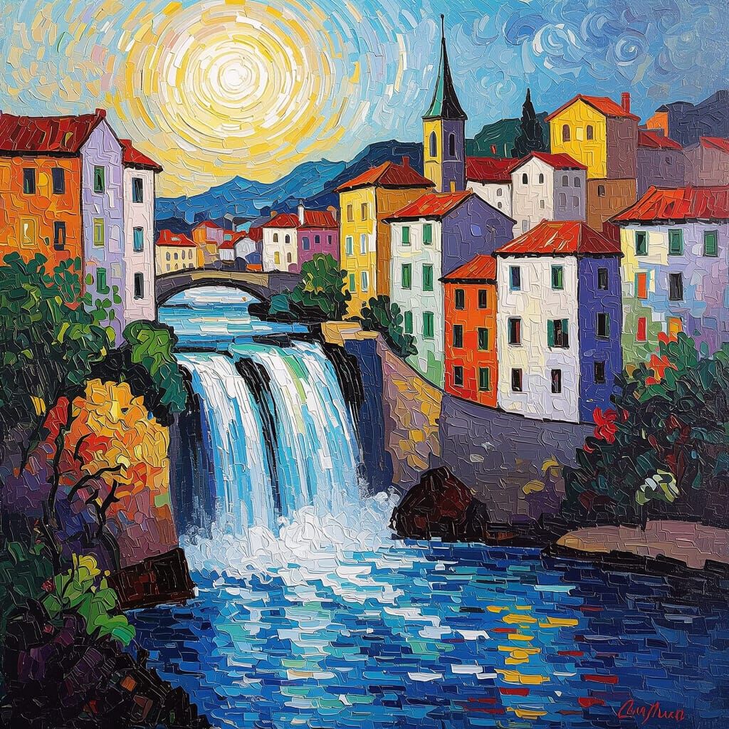 Waterfall Cityscape in Impasto Style