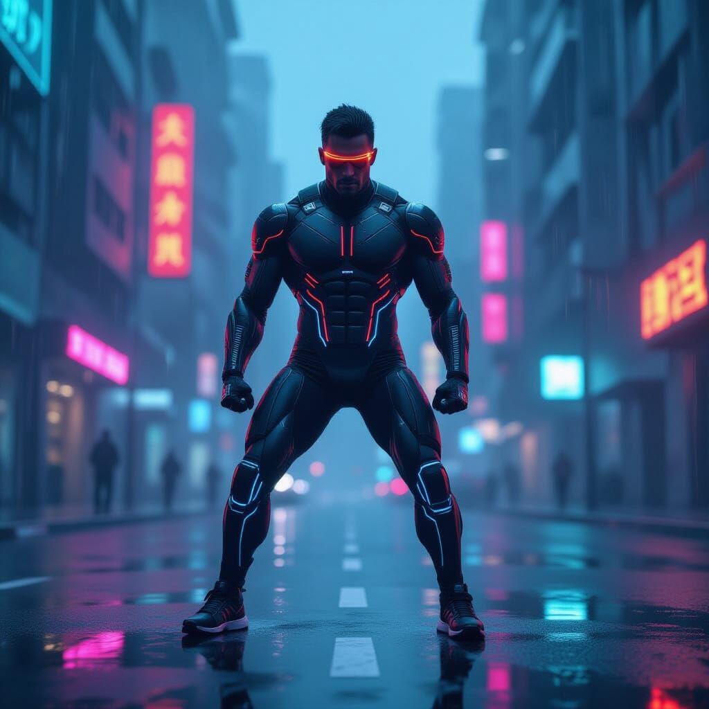Cyberpunk Athlete in Neon Cityscape