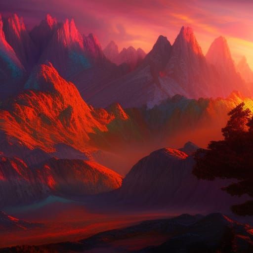 Rainbow Sunrise Over Mountains in Fantasy Art Style
