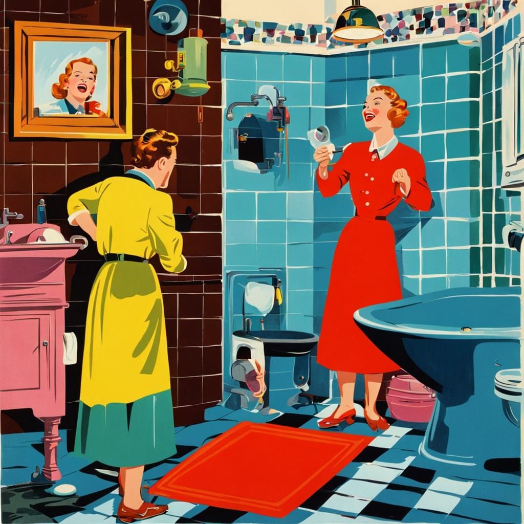 Bizarre and bright, colourful scene in the bathroom.
