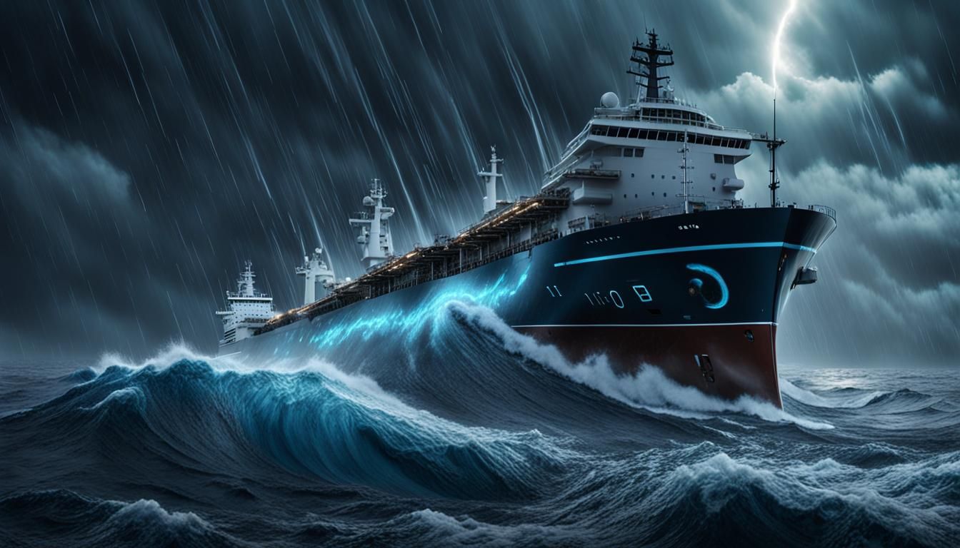 Bioluminescent Hurricane with Oil Tanker: 3D Render