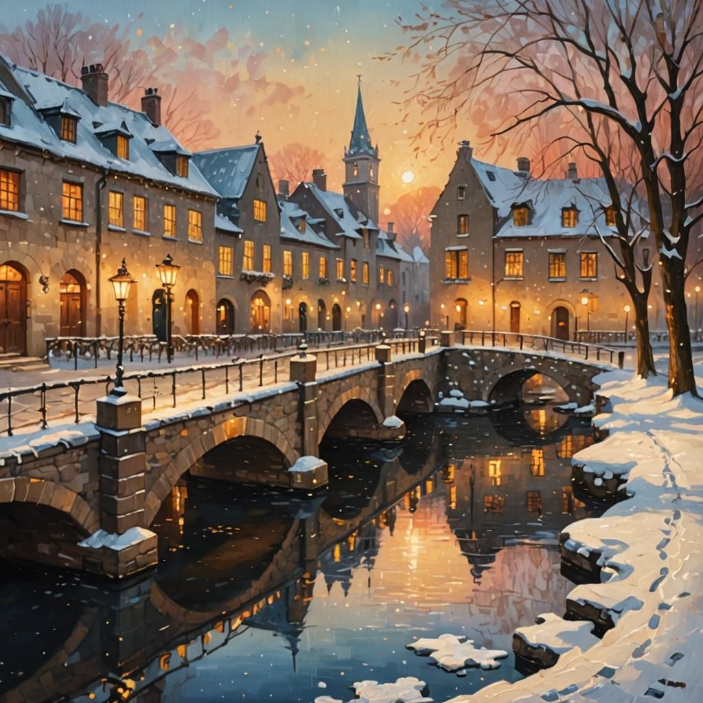 Impressionist Canal Bridge at Sunset in Winter
