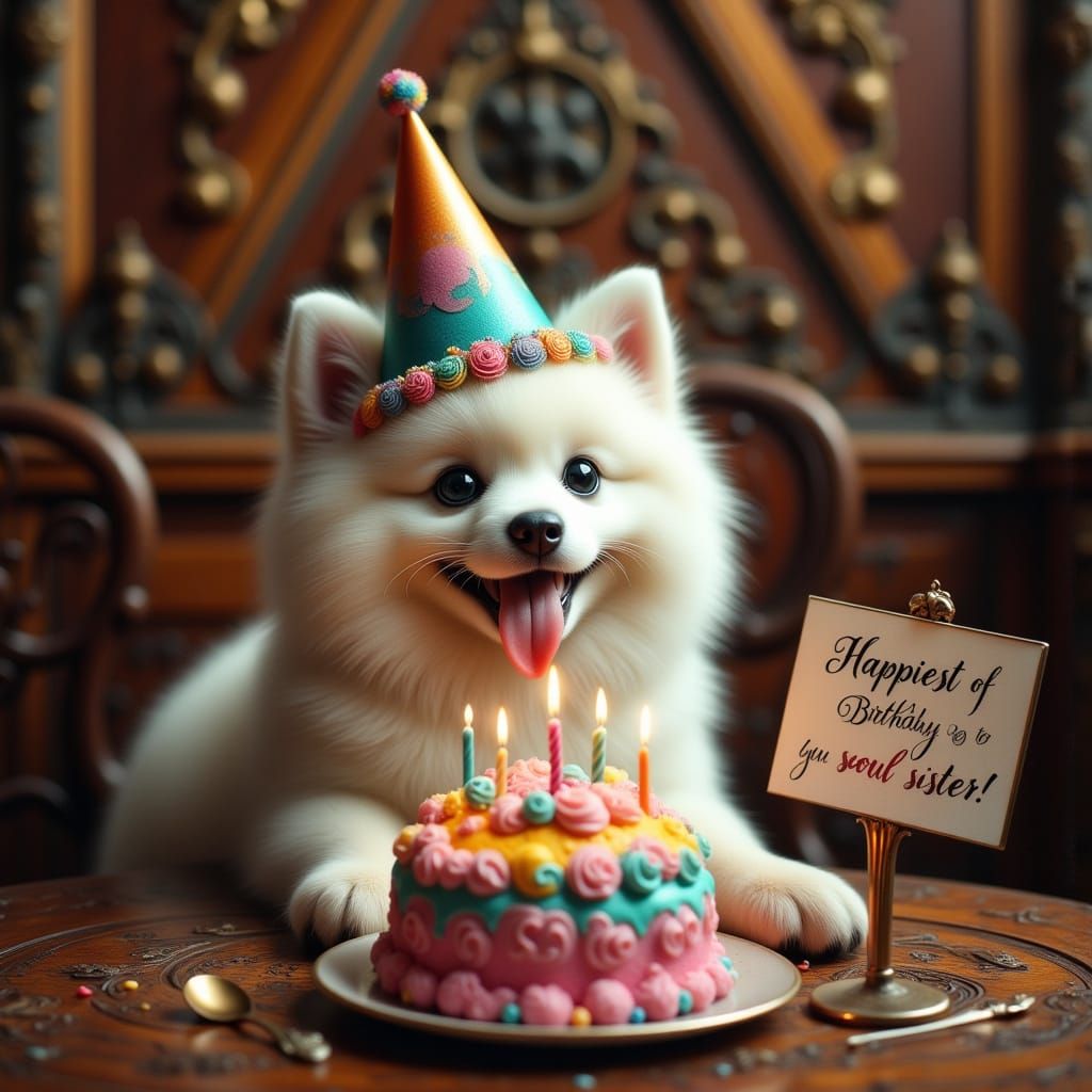 Whimsical American Eskimo Puppy in Birthday Celebration