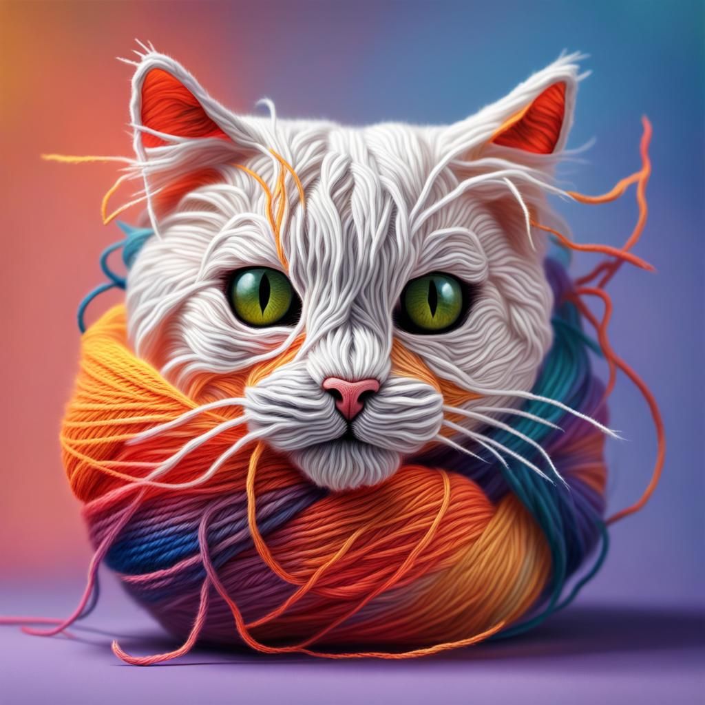 Yarn Cat Playing: Hyperrealistic Concept Art