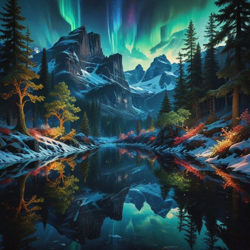 Aurora Borealis Over Majestic Mountains and Neon City Reflec...