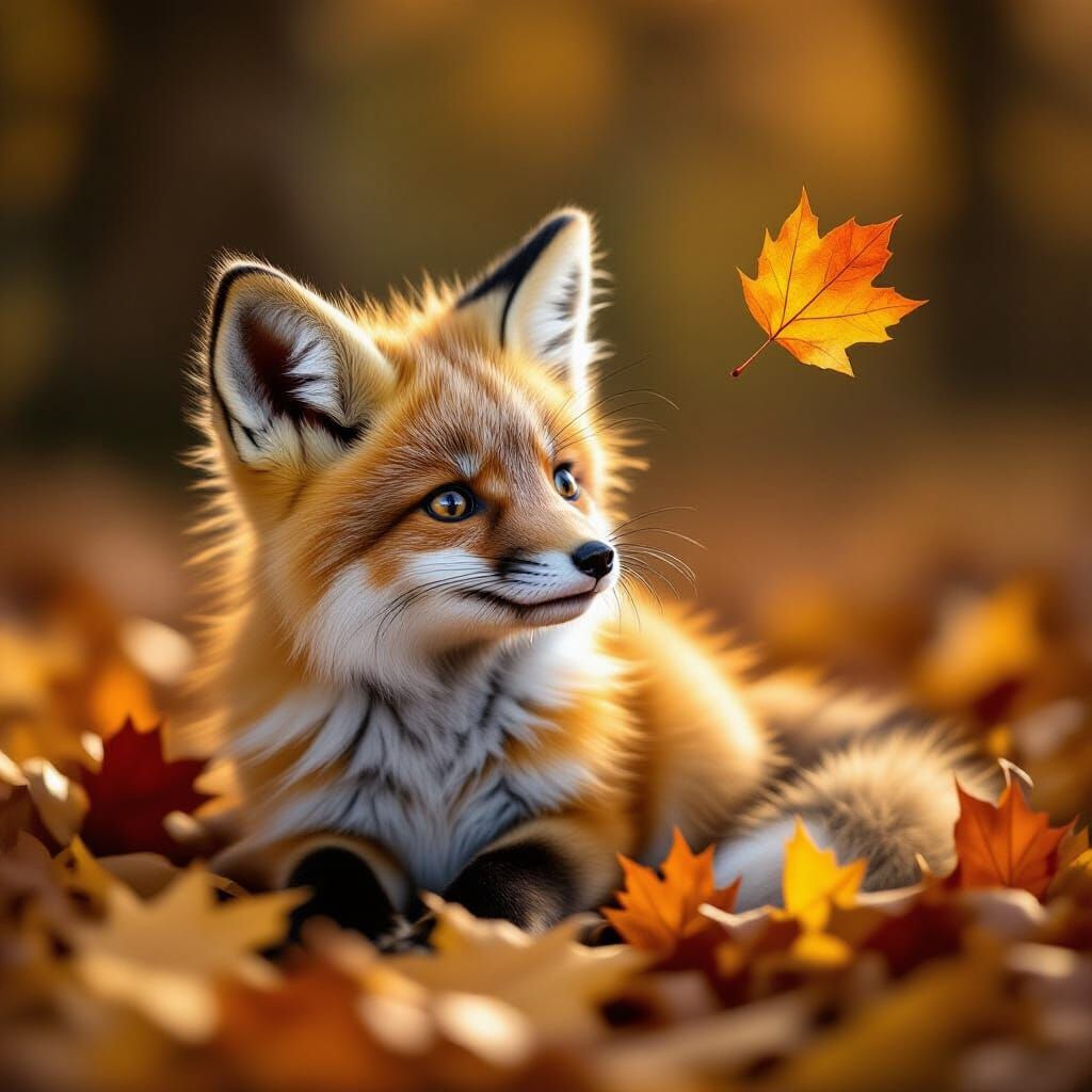 Cute Baby Fox in Autumn Leaves, Golden Hour