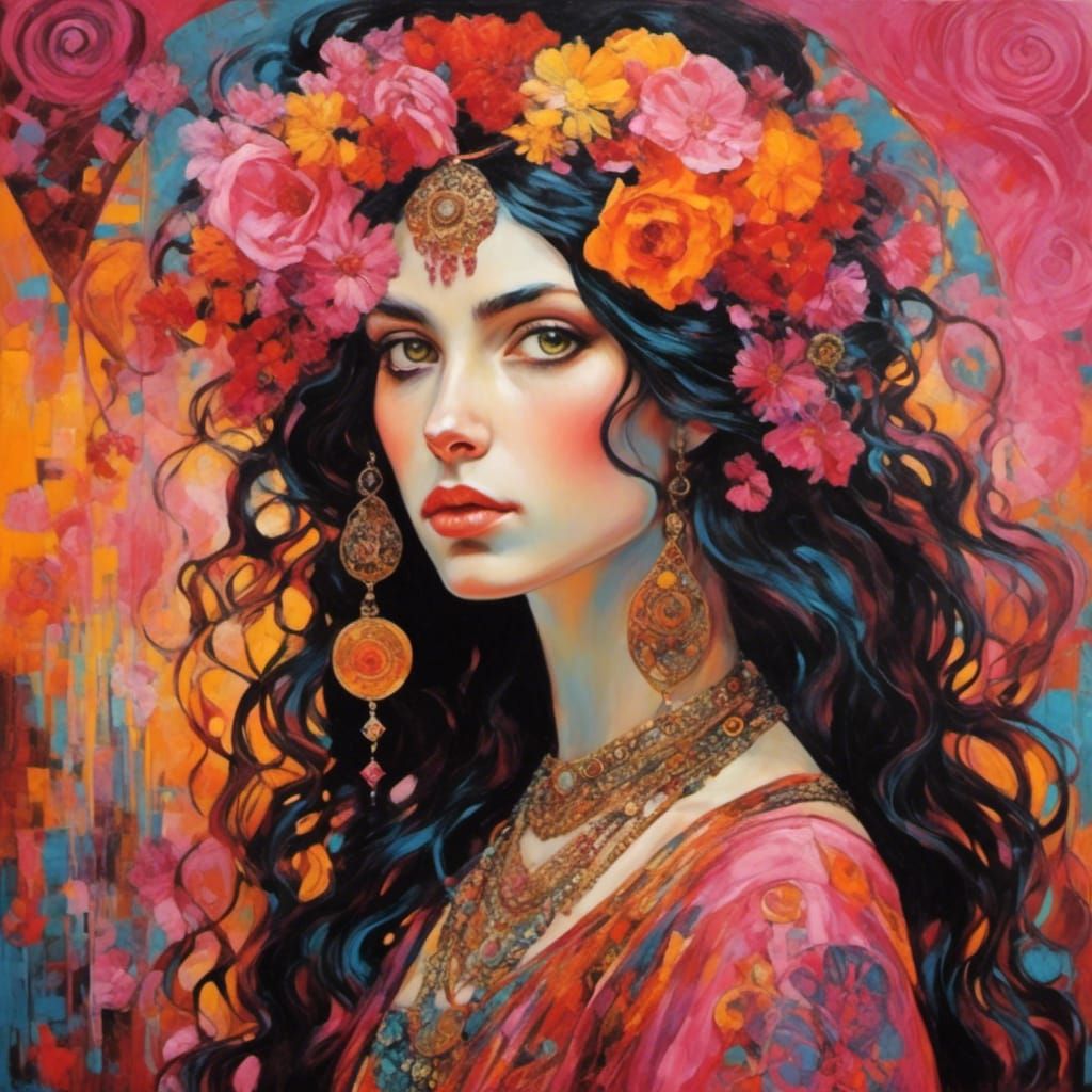 Psychedelic Gypsy Girl in Lush Maximalist Art Style