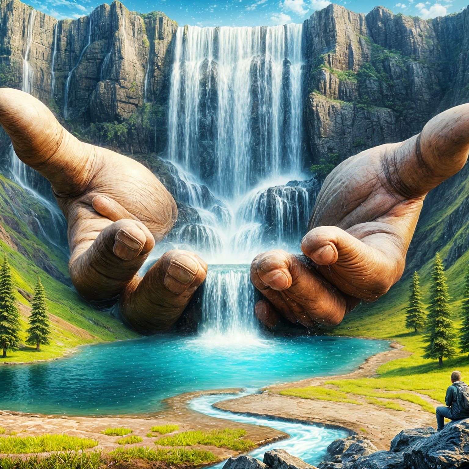 Gargantuan Hands Cradle Breathtaking Waterfall