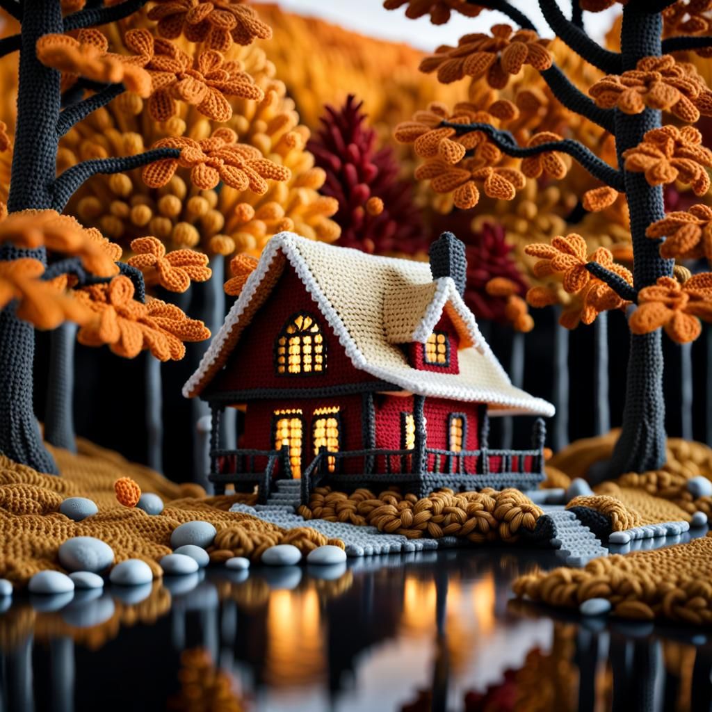 Crochet Cabin by Mountain Stream in Autumn