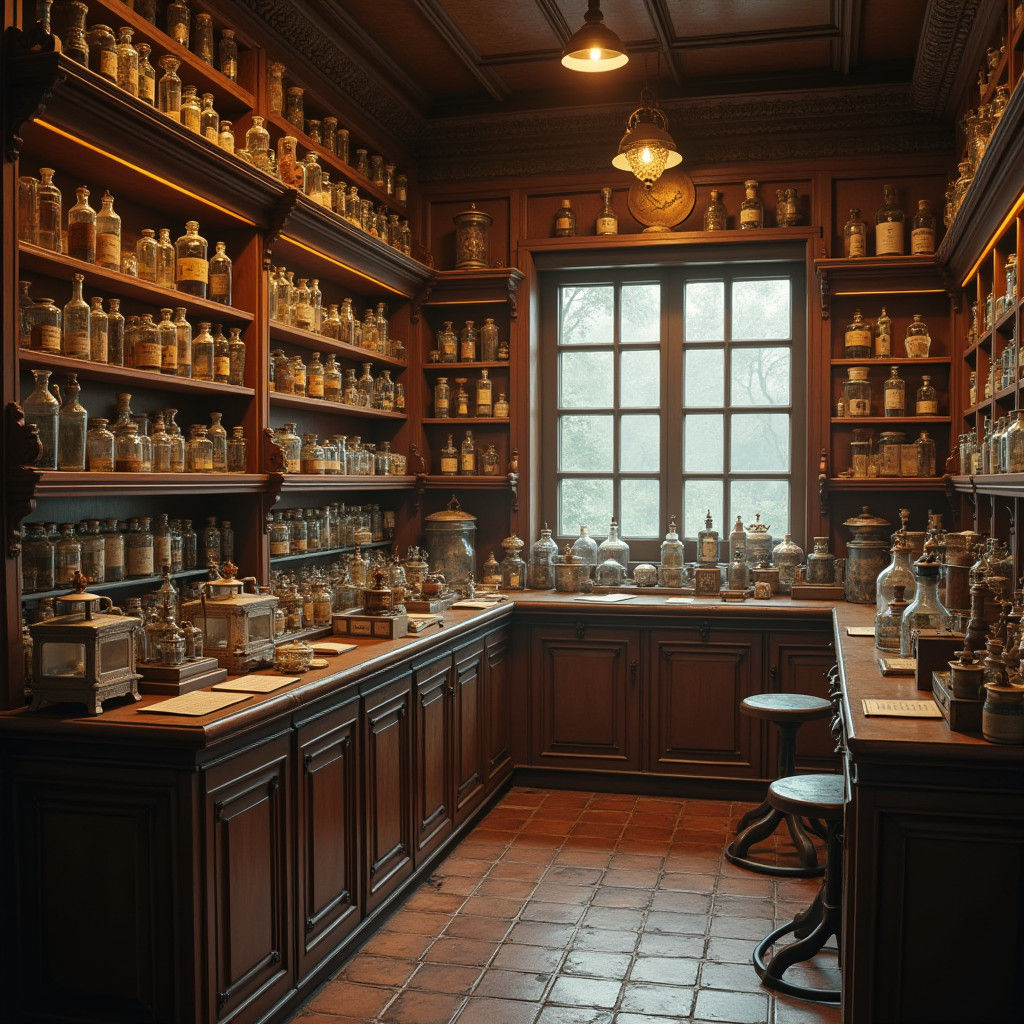 Old-Fashioned Pharmacy in Nostalgic Futurism Style