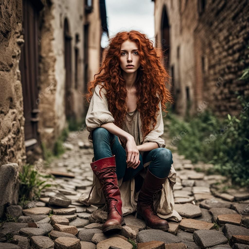 Closeup Stock Photo of poverty: a very young very skinny pretty medieval female waif, dirty torn clothes, long red curly...