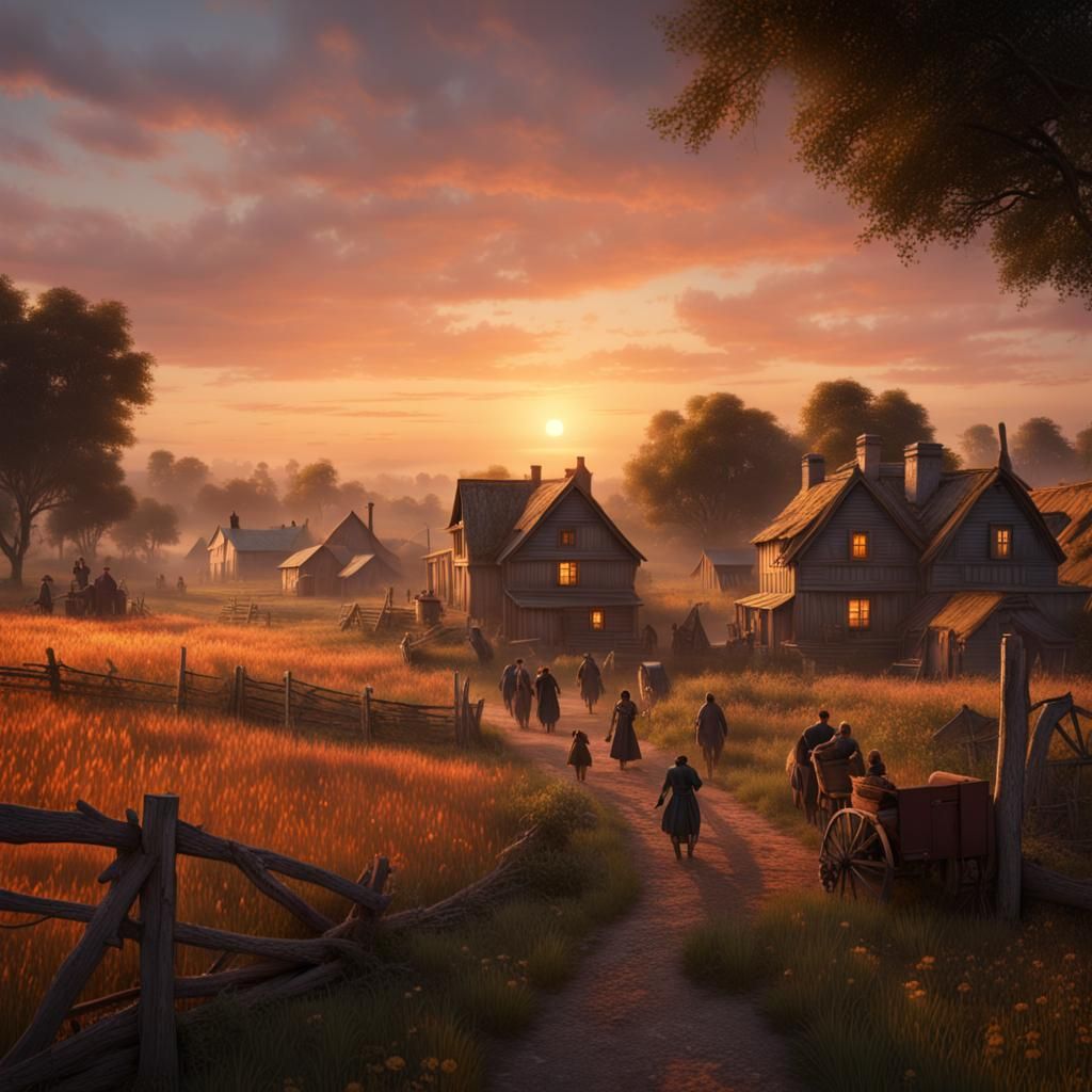 A picturesque scene of a 1872 village during sunset, where f...