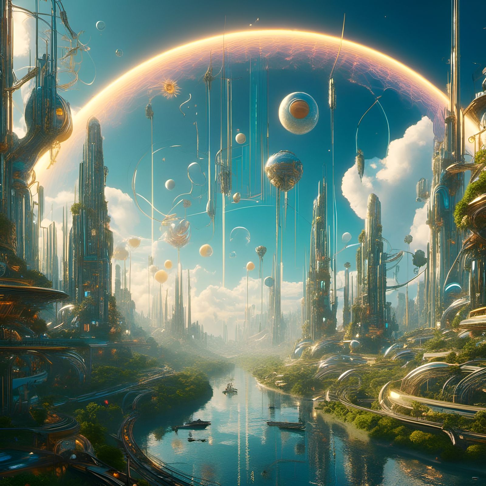 Vibrant Solarpunk Cityscape with Plasma Arcs