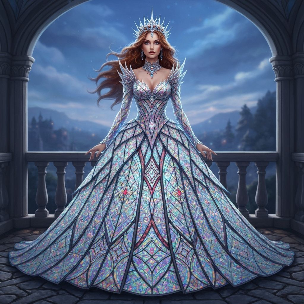 Regal Queen in Stained Glass Gown Overlooking Twilight Lands...