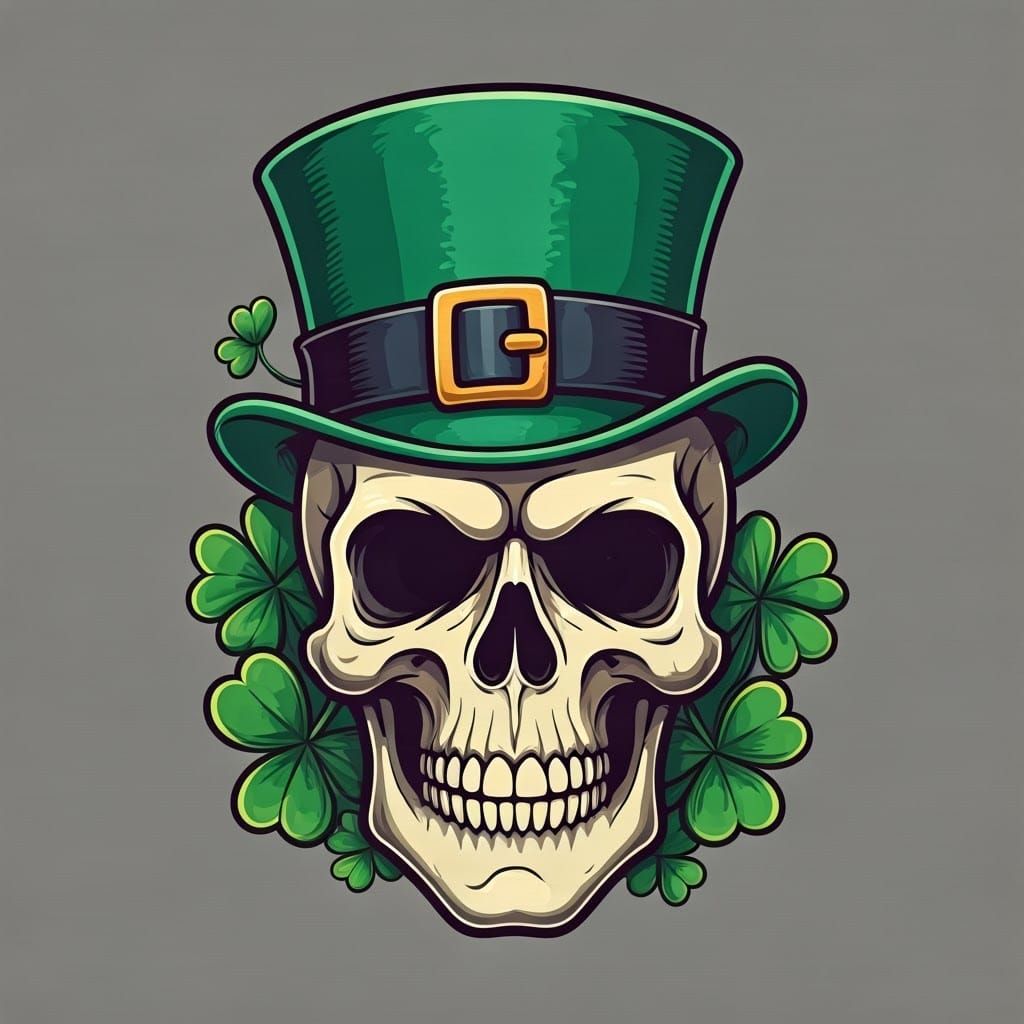 Whimsical Cartoon Skull in Green Top Hat with Shamrocks