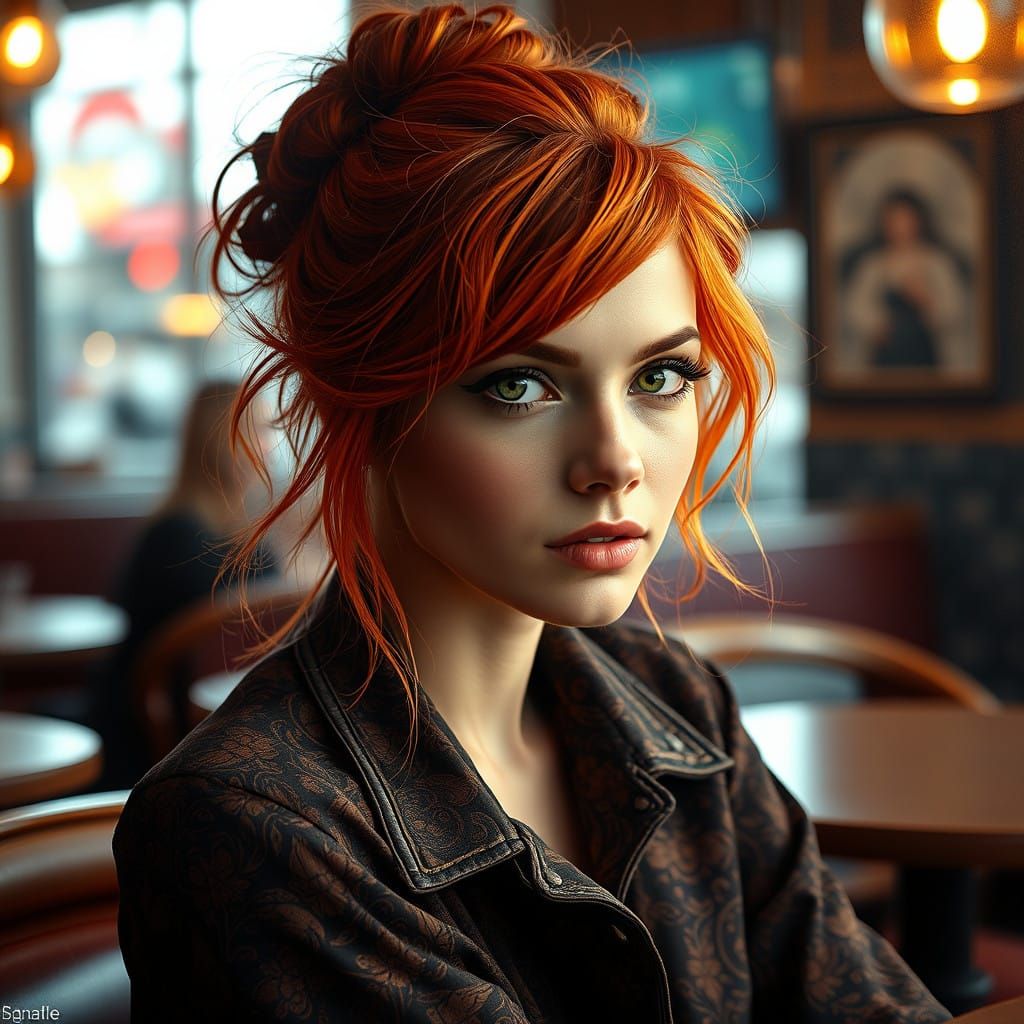 Confident Red-Haired Woman in Retrofuturistic Attire