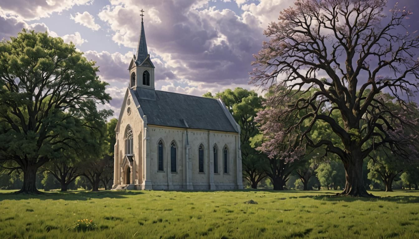 Detailed Church on Plains under Purple Sky