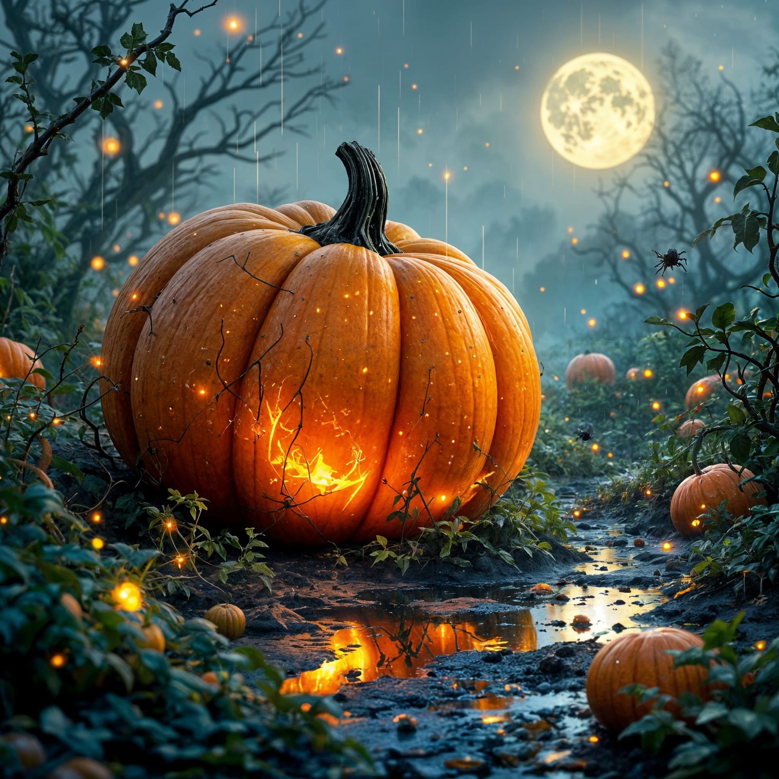 Neon Pumpkin in Cyberpunk Field at Night