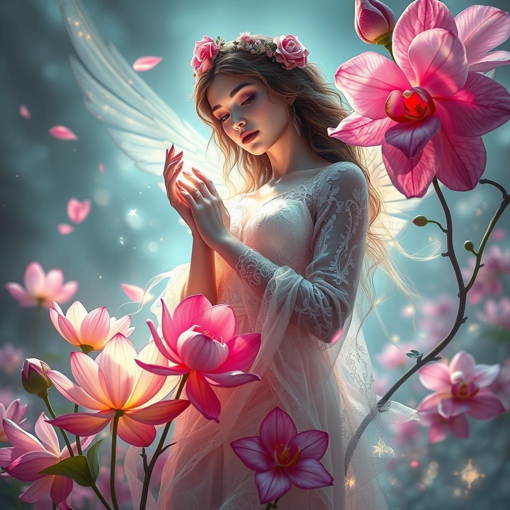 Madonna in Flowers with Flowing Energy, Hyperrealistic