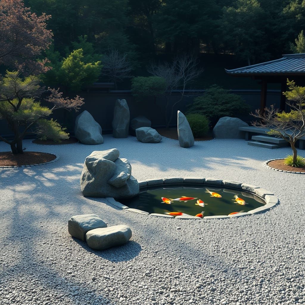 Zen Garden with Koi Fish in Minimalist Style