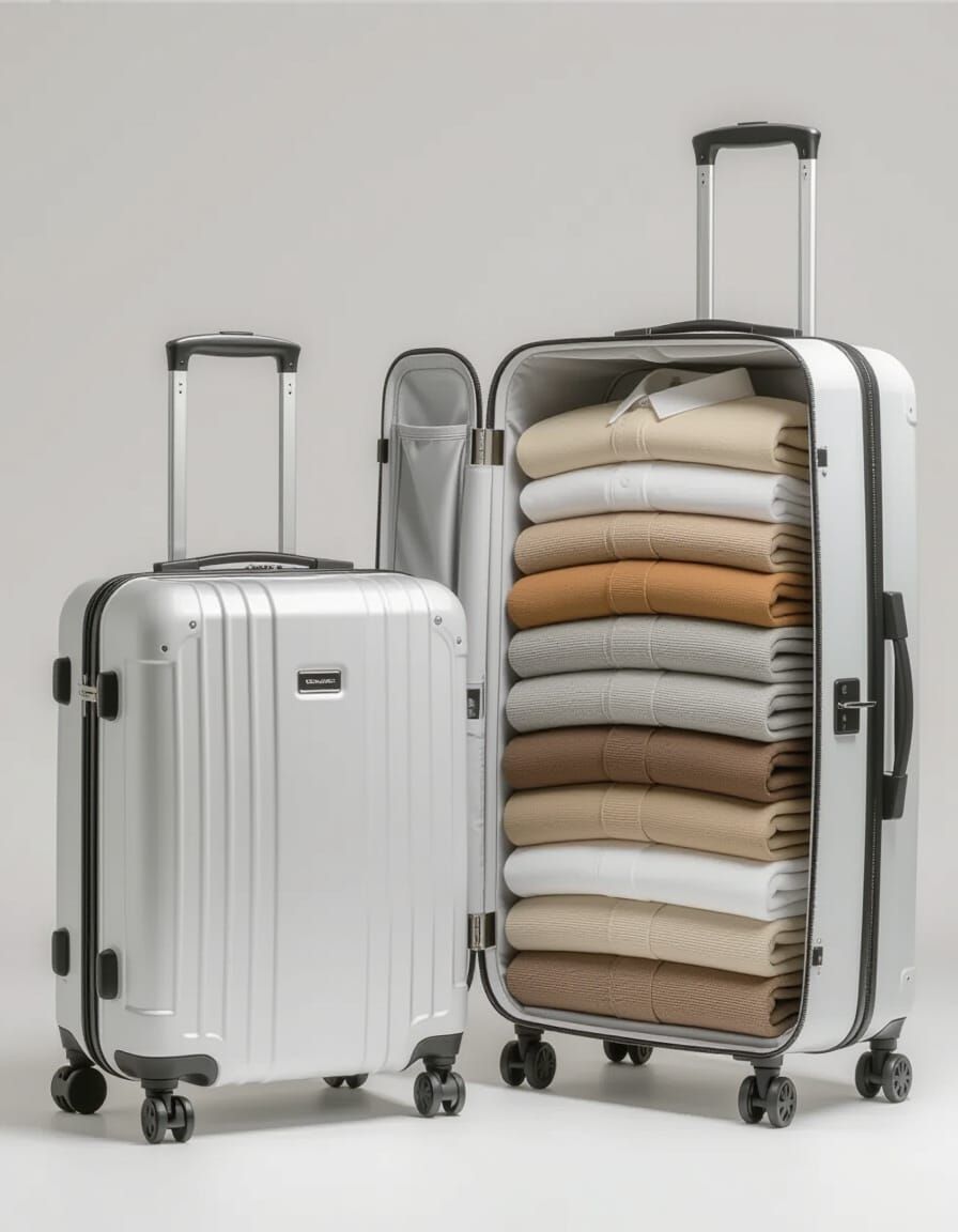 Organized Luggage on White: Silver & Open White Suitcases