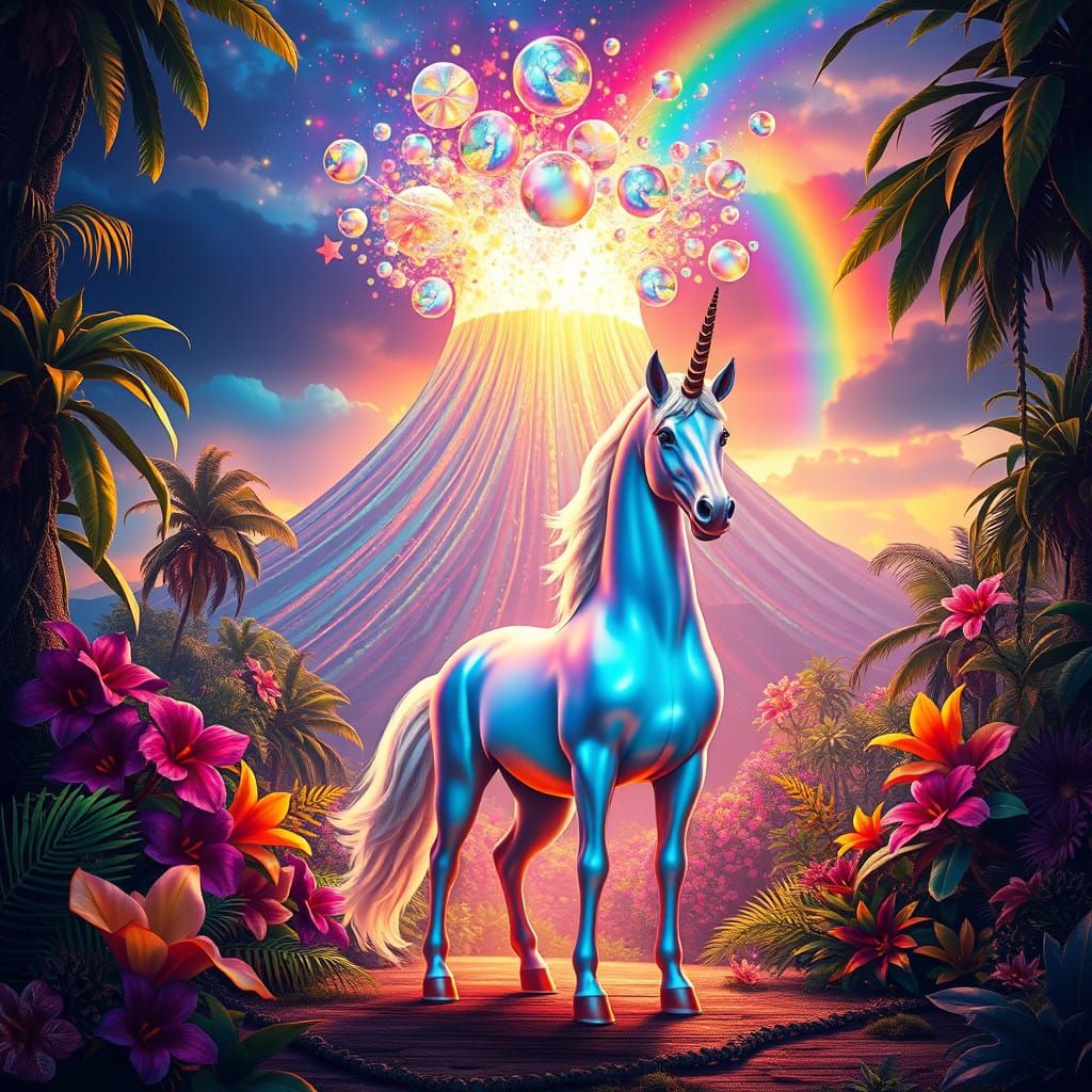 Surreal Eruption of Radiant Colors and Mythical Creatures in...