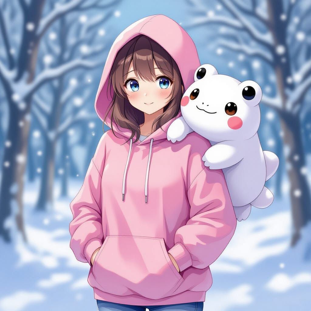 Anime Girl with Snowy Frog Plush Toy in Winter