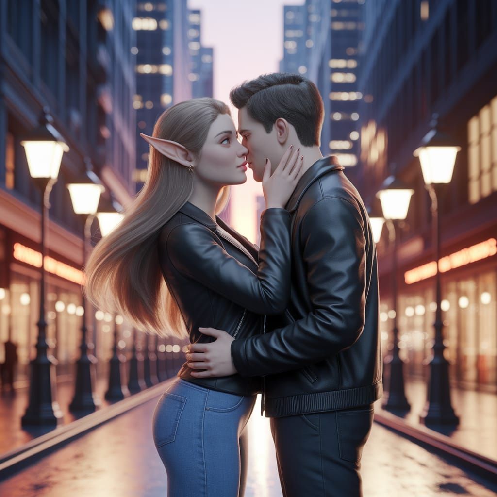 Elven Woman's Kiss in Glowing Cityscape