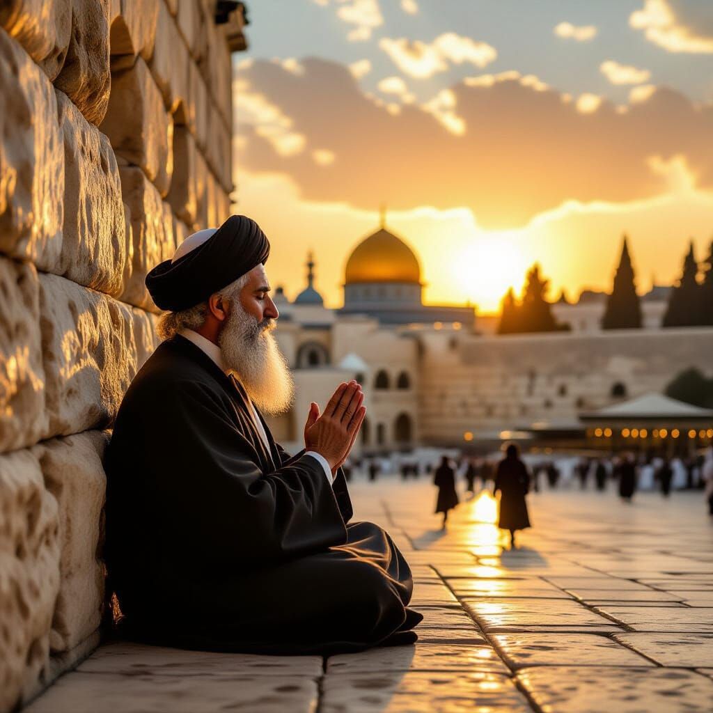Rabbi Prays at Temple Mount in Golden Hour Light