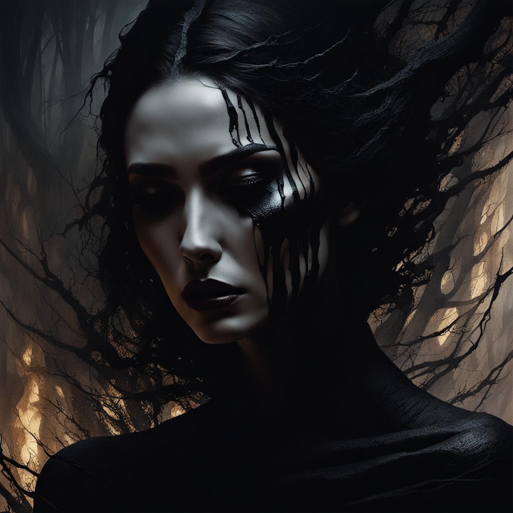 Vulnerable Woman in Dark, Textured Oil Painting