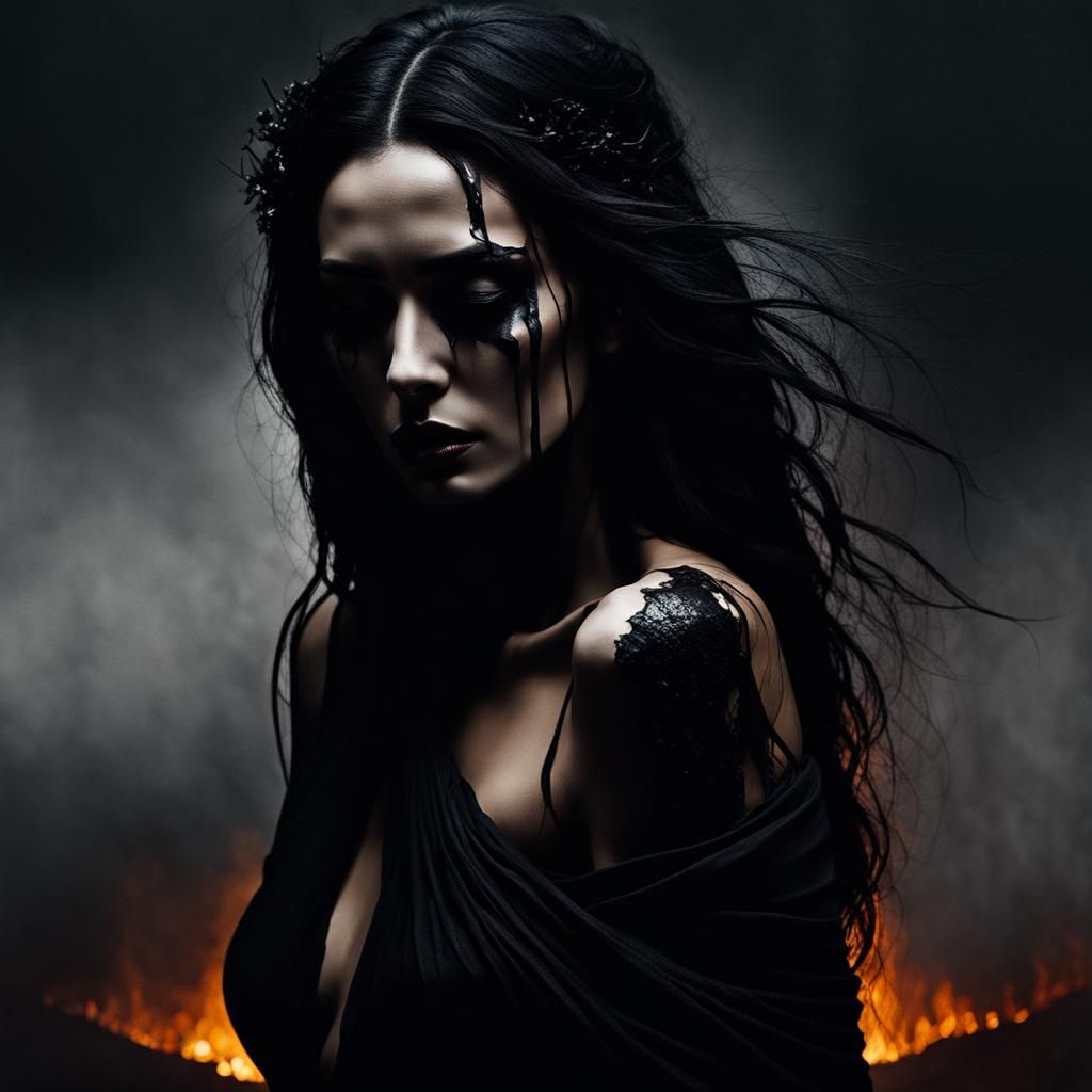 Vulnerable Woman in Dark, Macabre Oil Painting