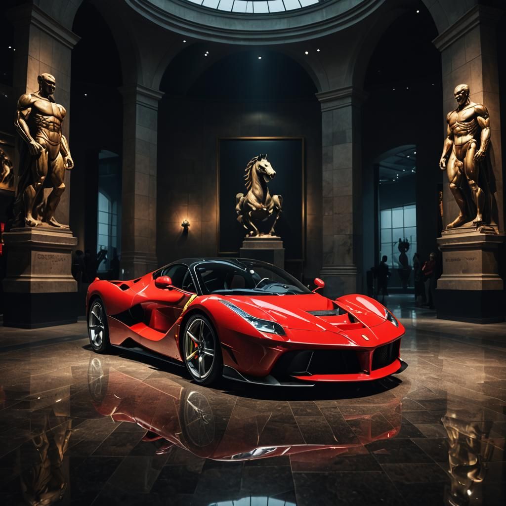 Stone Ferrari LaFerrari Statue in Dimly Lit Museum