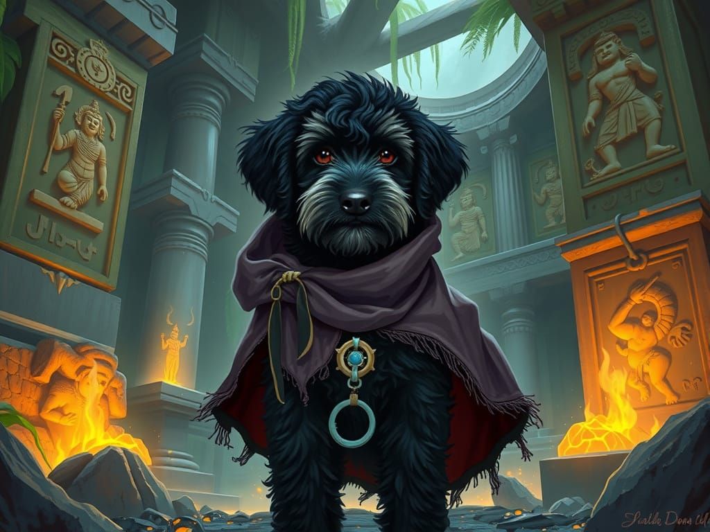 Mystical Labradoodle Guide in Ancient Jungle Ruins