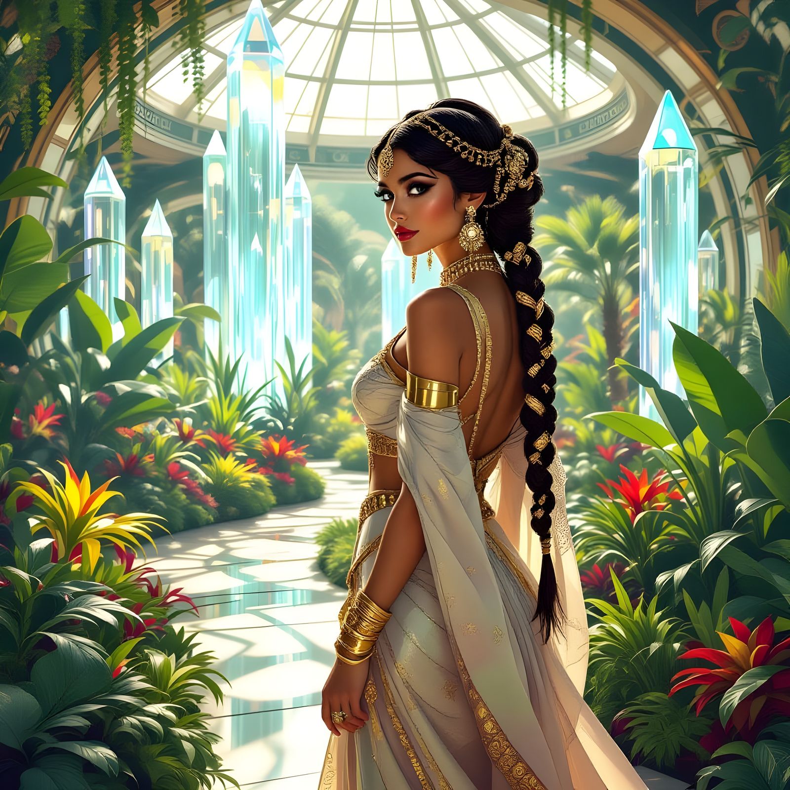 Elegant Lady Explores Futuristic Botanical Garden on Mars in...