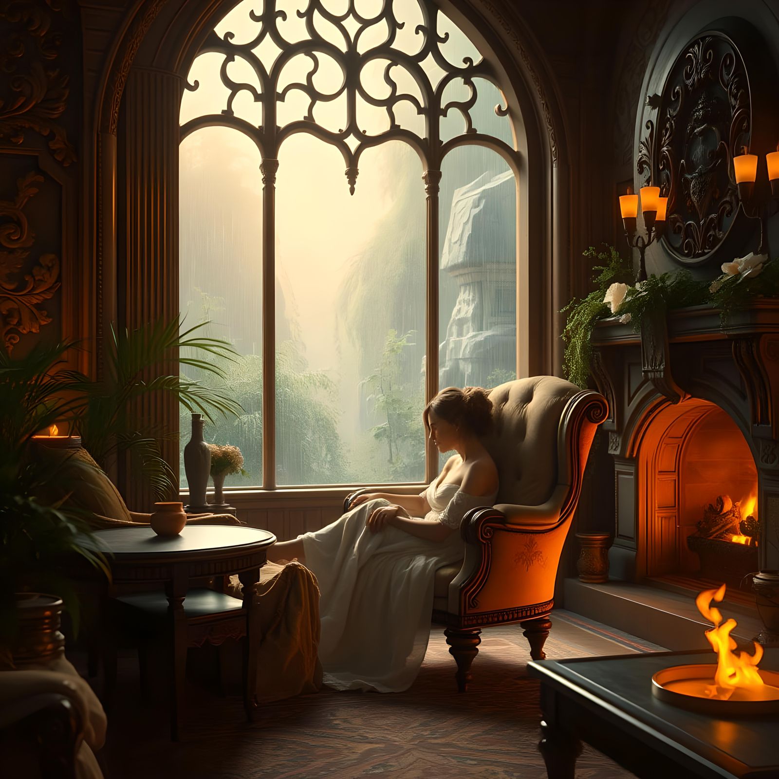 Cozy Room with Fireplace: Detailed Matte Painting