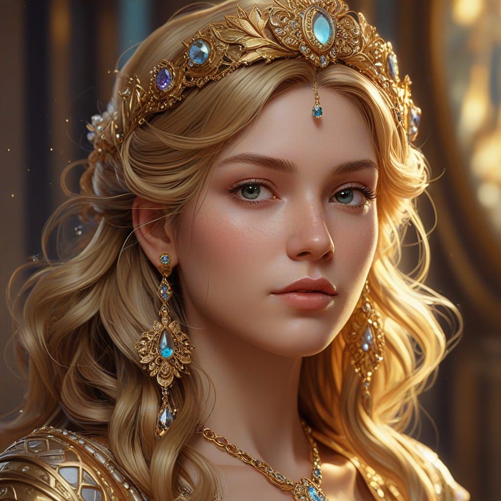 Gold Princess Portrait in Alphonse Mucha Style