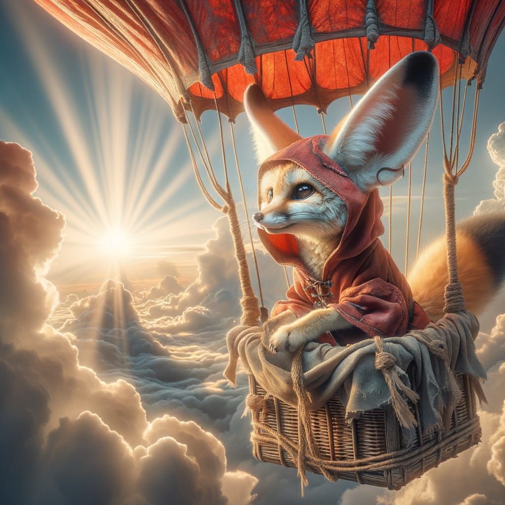 Majestic Fox Rides Red Balloon Amidst Clouds in Impressive R...