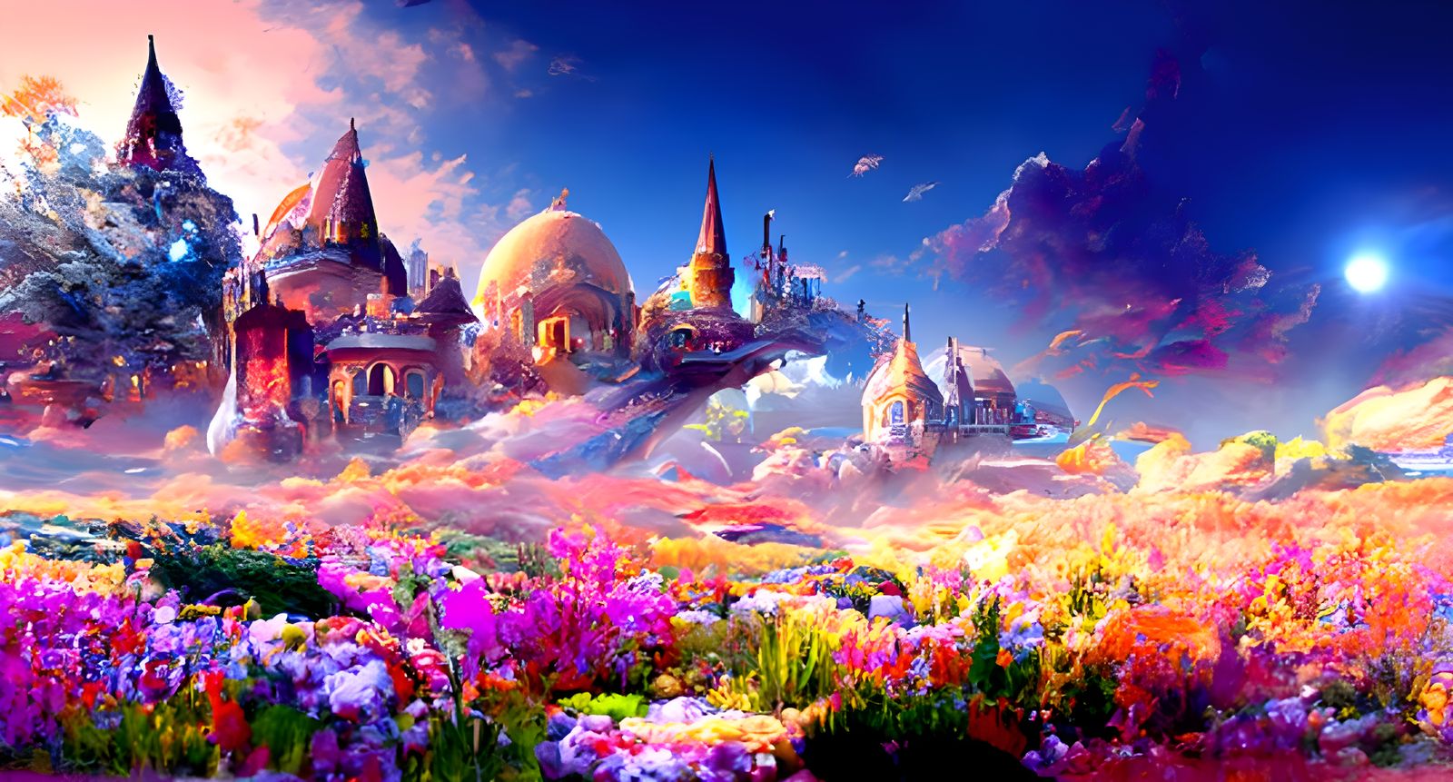 Fantasy Palace and Village Under Cosmic Sky