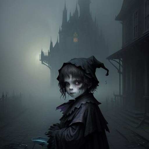 Eerie Child Trick-or-Treats on Haunted Halloween Street