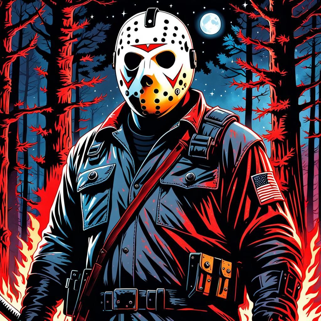 Jason Voorhees in Forest, Watercolor Comic Book Art