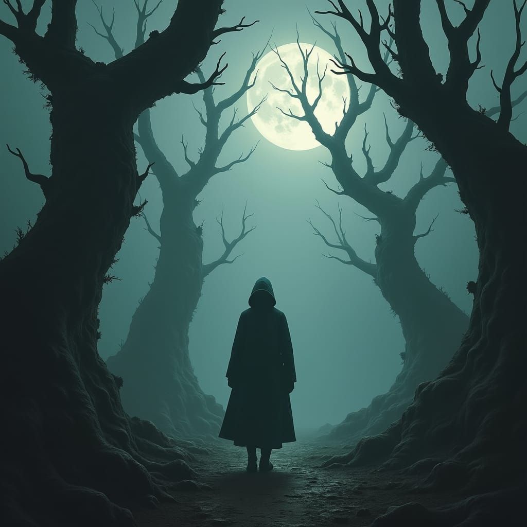 Hooded Figure in Misty Forest, Dark Surrealism
