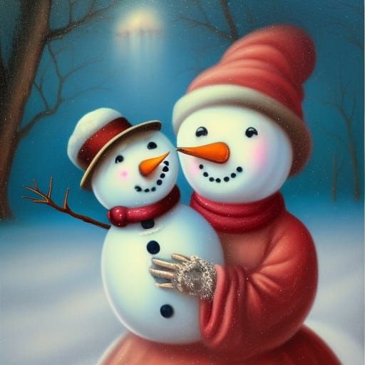 Snow Couple Gaze at Skating Pond, Pop Surrealism