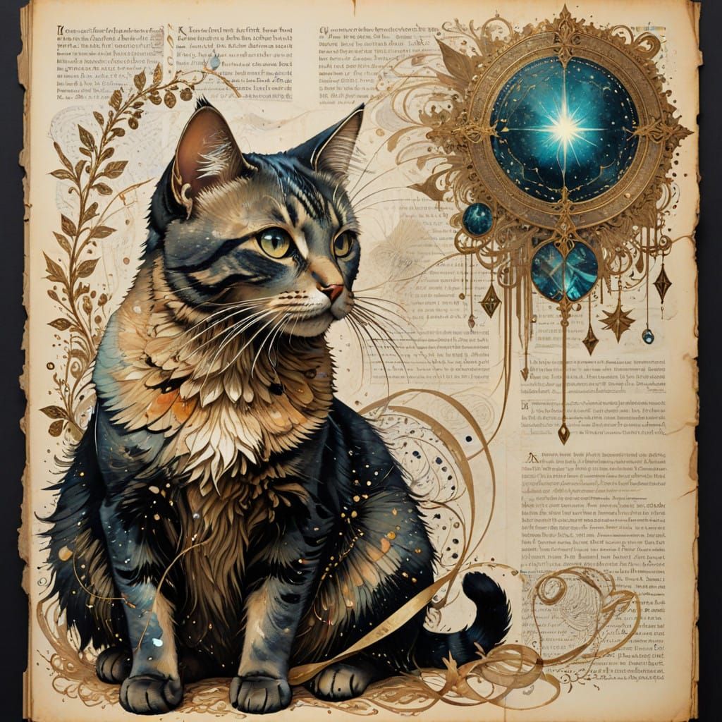 Gilded Cosmic Feline in Antique Page Illustration