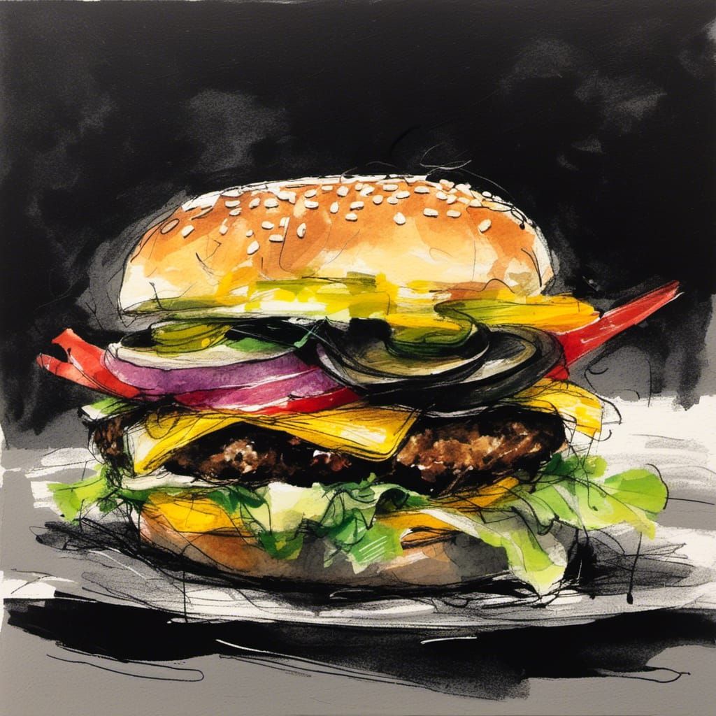 Colorful Cheeseburger Gouache Painting on Black Background