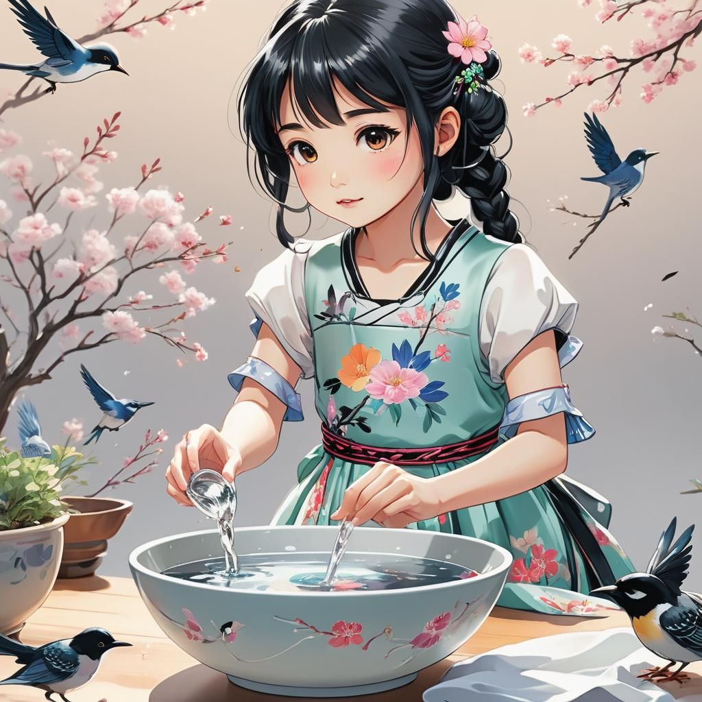 Girl and Birds in Vibrant Anime Style