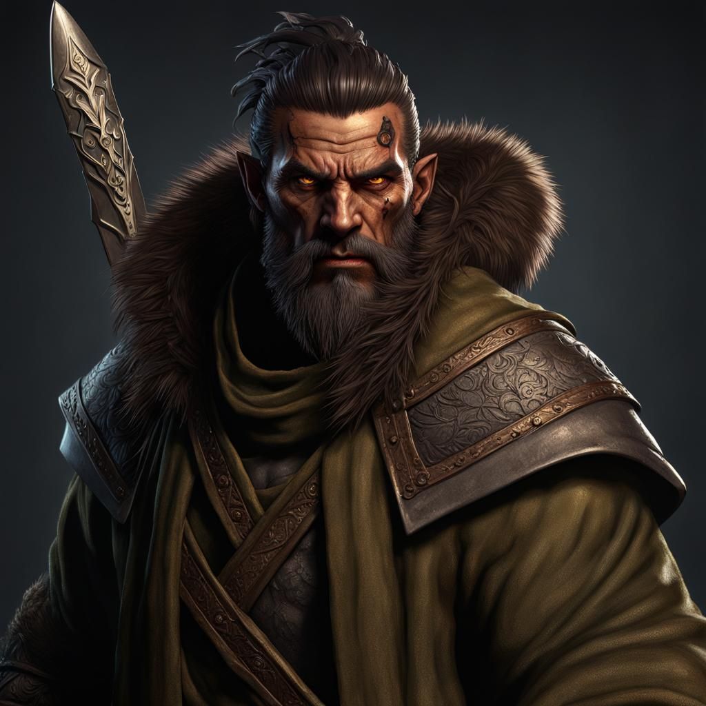 Half-Orc Monk-Druid in Dark Fantasy Style