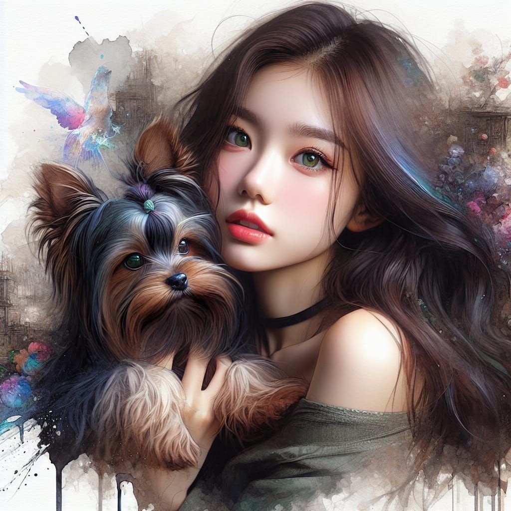 Romantic Watercolor Dream: Asian Woman and Yorkshire Terrier